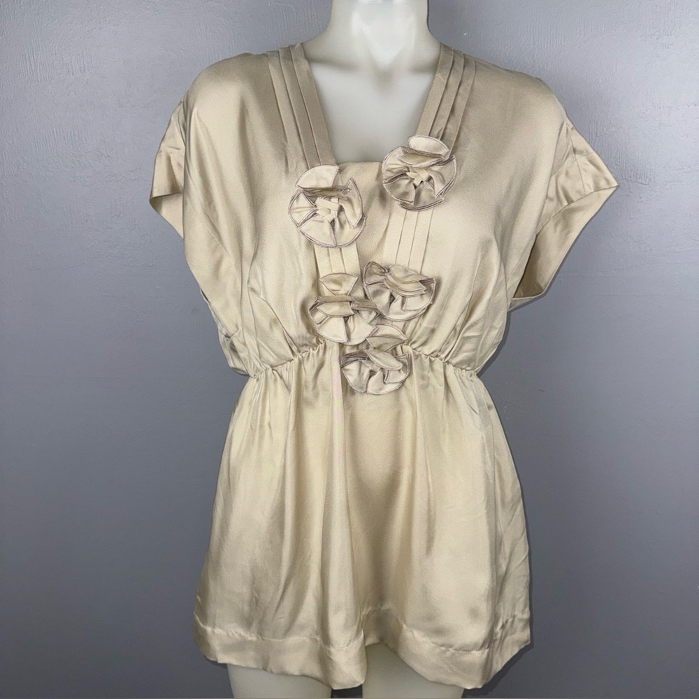 Alfani Silk Blouse Women’s 14 Beige Flowerets Elastic Empire Waist Babydoll